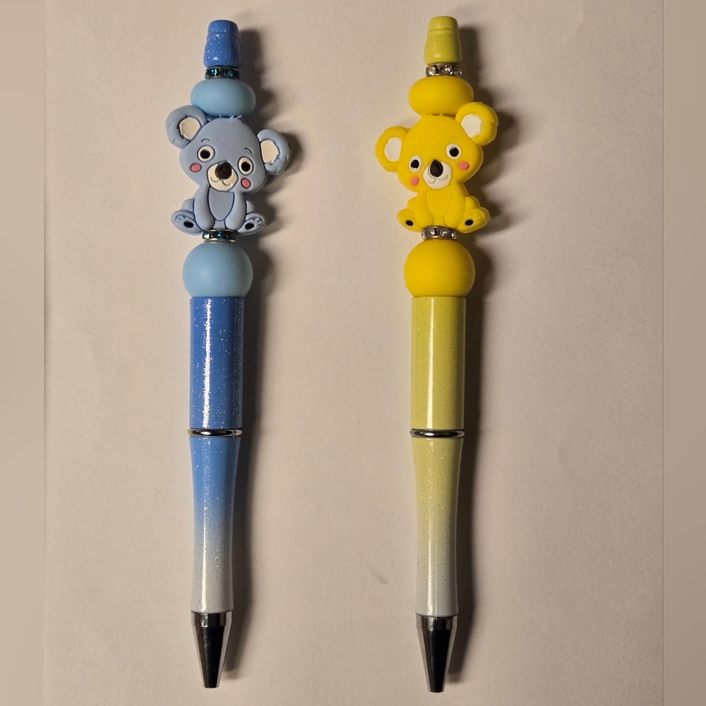 Hand Beaded Koala Bear Pens Set Of 2 Blue & Yellow W/ Ink Refills
